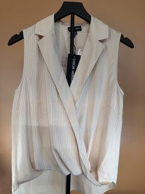 Modern Works Cream Sleeveless Draped Blouse with Notch Collar